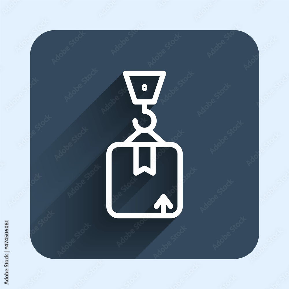 White line Crane with carton cardboard box icon isolated with long shadow background. Crane lifts a container with cargo. Blue square button. Vector White line Crane with carton cardboard box icon isolated with long shadow background. Crane lifts a container with cargo. Blue square button. Vector
