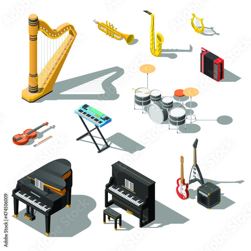 Set Abstract Isometric Collection 3D Music Instruments Play Elements Vector Design Style For Concert, Performance, Relax