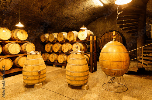 Dobrovo, Slovenia - July 19 2020: Constant temperature arched cellar with French barrique oak barrels to age wine at Klet Brda.