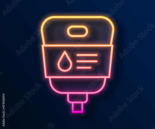 Glowing neon line IV bag icon isolated on black background. Blood bag. Donate blood concept. The concept of treatment and therapy, chemotherapy. Vector