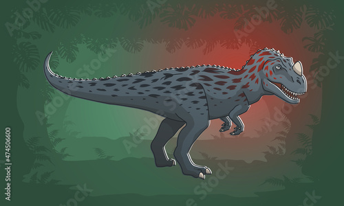 Ceratosaurus Illustration with jungle foliage background, editable stroke, colors and shadows