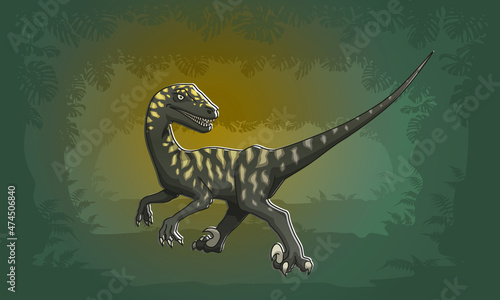 Velociraptor Illustration with jungle foliage background, editable stroke, colors and shadows