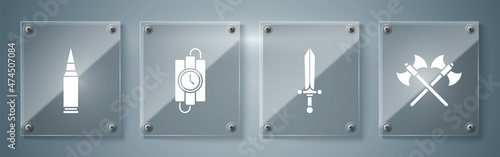 Set Crossed medieval axes, Medieval sword, dynamite stick and timer clock and Bullet. Square glass panels. Vector