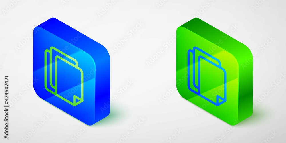 Isometric line File document icon isolated grey background. Checklist icon. Business concept. Blue and green square button. Vector Isometric line File document icon isolated grey background. Checklist icon. Business concept. Blue and green square button. Vector