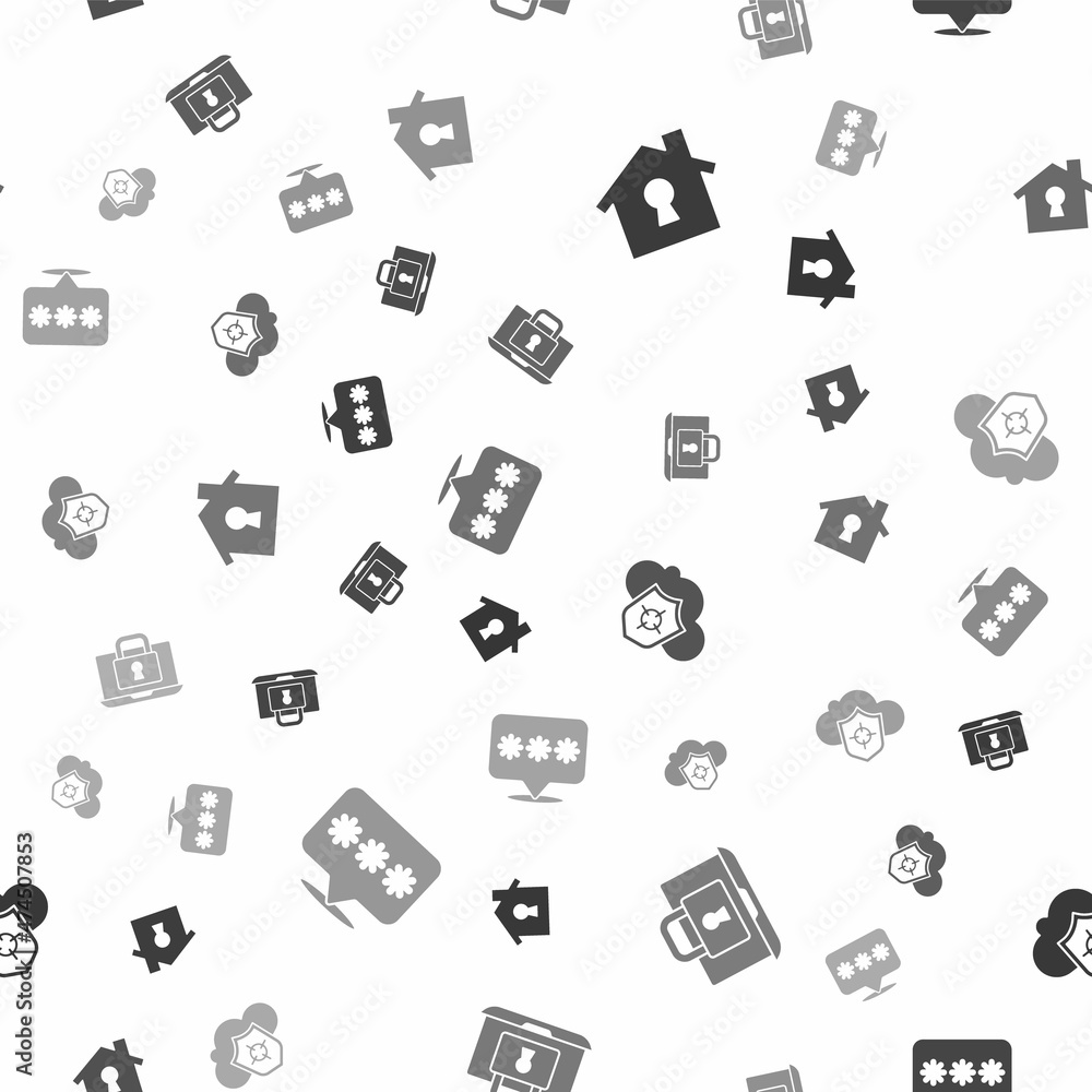 Set House under protection, Laptop and lock, Cloud shield and Password on seamless pattern. Vector Set House under protection, Laptop and lock, Cloud shield and Password on seamless pattern. Vector