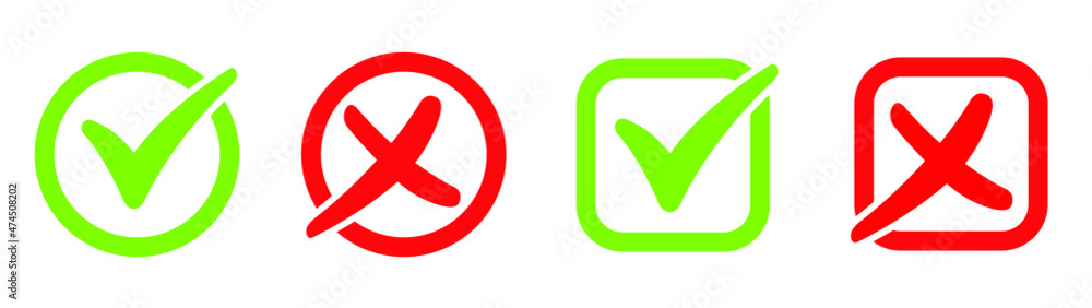 Set of Green Check Mark Icon and Red X cross Tick Symbol Set of Green Check Mark Icon and Red X cross Tick Symbol