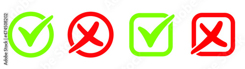 Set of Green Check Mark Icon and Red X cross Tick Symbol