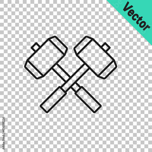 Black line Medieval crossed battle hammers icon isolated on transparent background. Vector