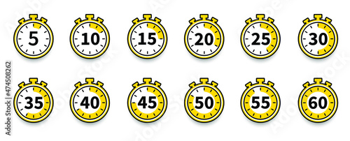 Set of timer and stopwatch icons. Kitchen timer icon with different minutes. Cooking time symbols and labels