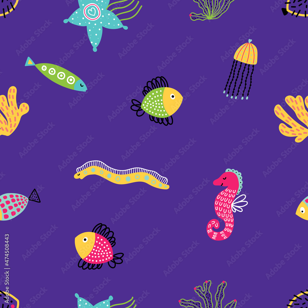 Fototapeta premium Sea vector seamless pattern.Can be used in textile industry, paper, background, scrapbooking.