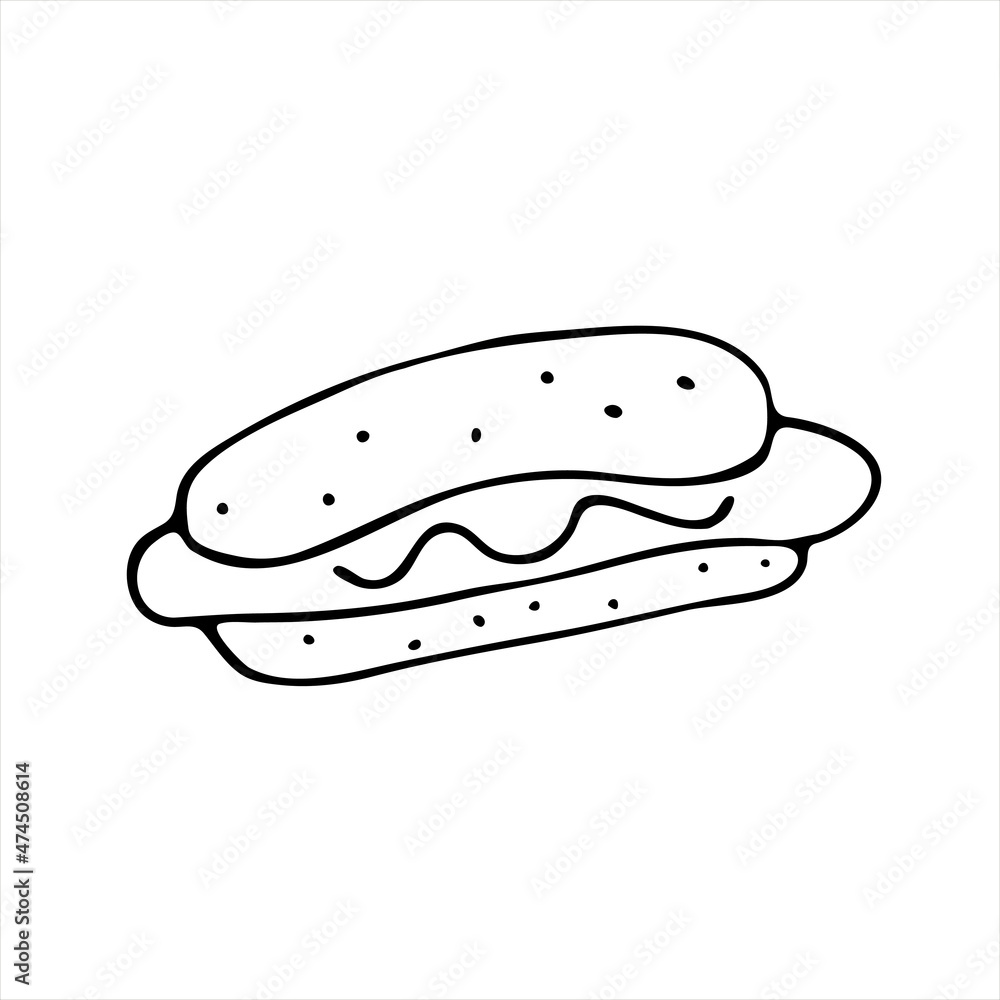The vector of a corn dog hot dog. American traditional cuisine isolated on a white background. Doodle style. Image for fast food.