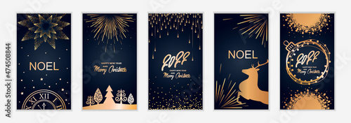 2022 new year. Fireworks, golden garlands, sparkling particles. Set of Christmas sparkling templates for stories, holiday banners, flyers, cards, invitations, covers, posters. Vector illustration