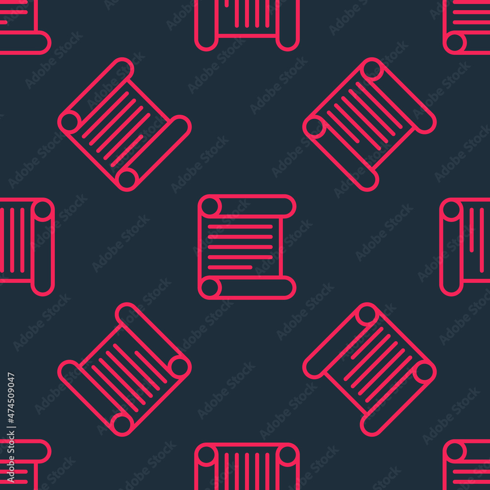 Red line Decree, paper, parchment, scroll icon icon isolated seamless pattern on black background. Vector Red line Decree, paper, parchment, scroll icon icon isolated seamless pattern on black background. Vector