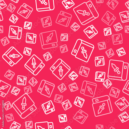 White line Book about weapon icon isolated seamless pattern on red background. Small firearm. Weapon catalog. Vector