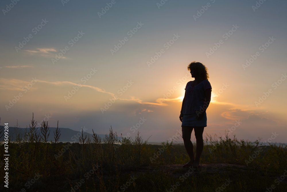 Fototapeta premium Silhouette of a young woman against the sky. Summer sunset.