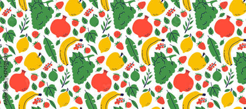 Fruit seamless pattern. Garnet, banana and grape. Color illustration in hand-drawn style. Vector repeat background