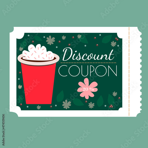 Coffee discount coupon voucher with torn off part, with coffee cup ,  graphics and typography.Coffee Voucher Template