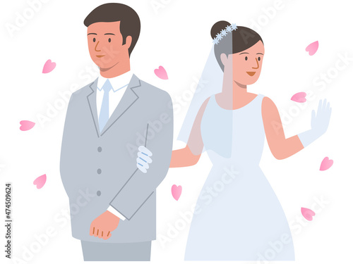 ウェディングドレスと白いタキシードで結婚式で祝福を受けるカップルのベクターイラスト