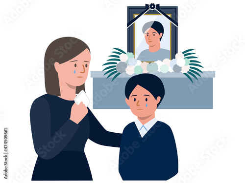 お葬式で遺影の前で涙を流す遺族（父親を亡くした母親と子供）のベクターイラスト