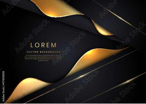 Abstract 3D luxury template shiny black background with lines curved shape overlap golden glowing sparkle.
