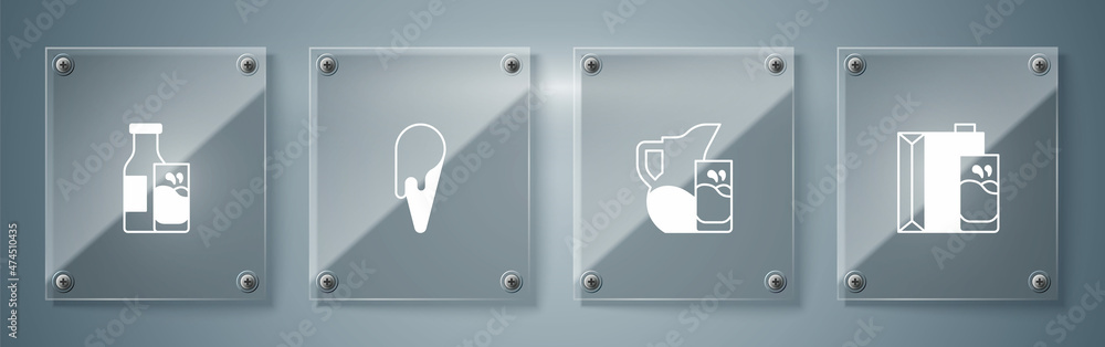 Set Paper package for milk, Milk jug pitcher and glass, Ice cream in waffle cone and Bottle. Square glass panels. Vector Set Paper package for milk, Milk jug pitcher and glass, Ice cream in waffle cone and Bottle. Square glass panels. Vector