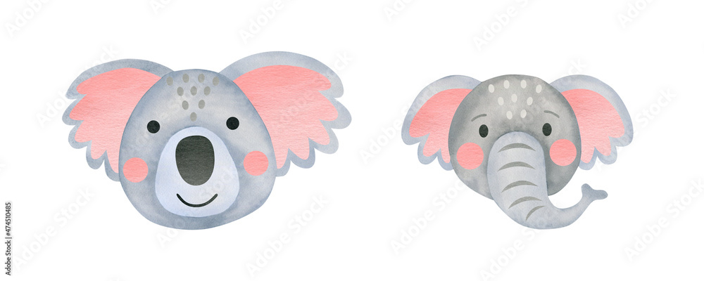 Watercolor set of faces koala, elephant isolated on white background. Animal. 