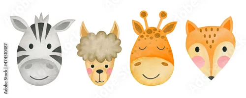 Panel kuchenny z motywem Watercolor set of faces of zebra, lama, giraffe, fox isolated on white background. Animal.