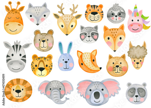 Watercolor set of animal faces isolated on white background.