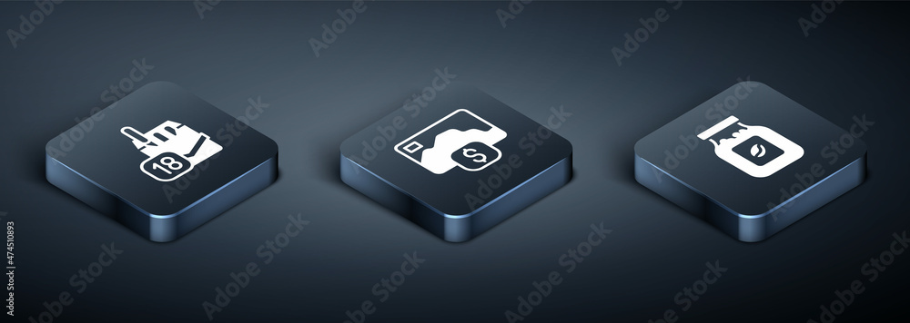 Set Isometric Cigarettes pack box, Coffee jar bottle and Credit card icon. Vector Set Isometric Cigarettes pack box, Coffee jar bottle and Credit card icon. Vector