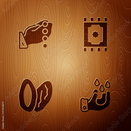 Set Wudhu, Hands in praying position, Date fruit and Traditional carpet on wooden background. Vector