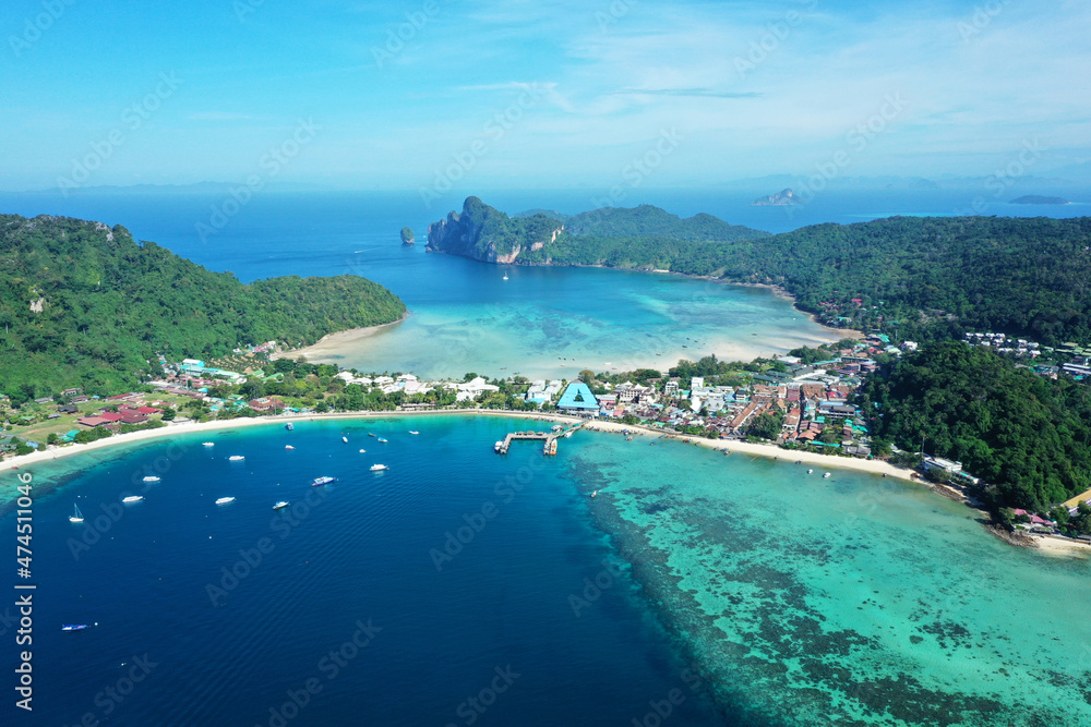 View from the top of the tropical island over Tonsai Village, Ao Tonsai, Ao Dalum Phi-Phi island, Krabi Province, Thailand 