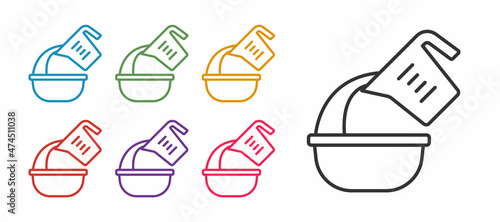 Set line Measuring cup pouring liquid into bowl icon isolated on white background. Plastic graduated beaker with handle. Set icons colorful. Vector