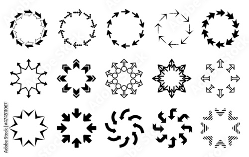 Set of decorative arrow borders. Frames of arrows in a circle. Arrows pointing in and out of the circle. Circle pattern. Vector arrows of different shapes.