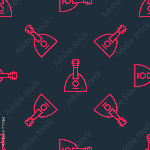 Red line Musical instrument balalaika icon isolated seamless pattern on black background. Vector