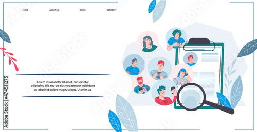 Human resources online service or platform website layout. Job recruitment and career management, online resume website banner, flat vector illustration.