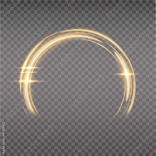 Gold magic arc. Abstract magic light effect. Luminous neon lines with flying lights.