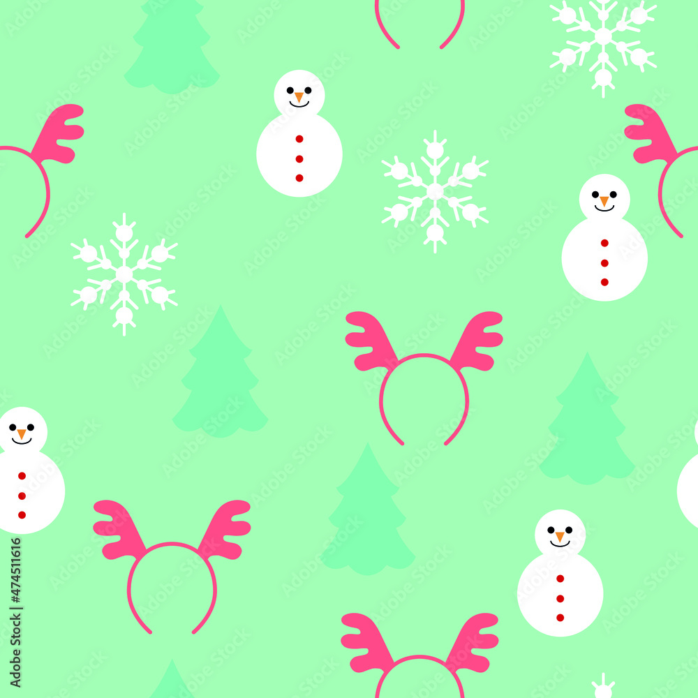 vector seamless new year pattern. flat pattern image with snowman, snowflake, christmas tree, horns on green background