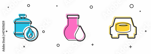 Set Propane gas tank, Oil petrol test tube and Spare wheel in the car icon. Vector
