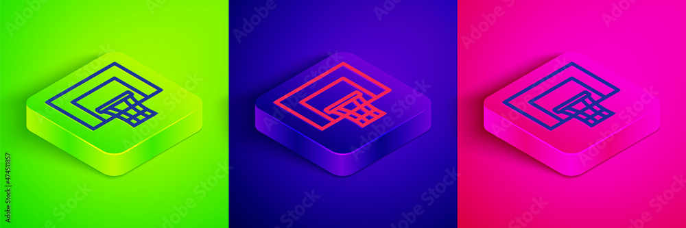 Isometric line Basketball backboard icon isolated on green, blue and pink background. Square button. Vector Isometric line Basketball backboard icon isolated on green, blue and pink background. Square button. Vector