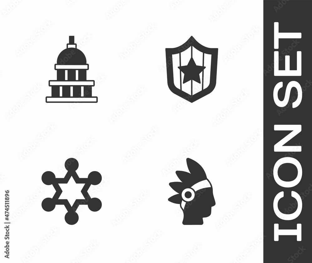Set Native American Indian, White House, Hexagram sheriff and Shield with stars icon. Vector