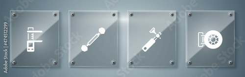 Set Jewelry store, Jewelers lupe, Piercing and Calliper caliper and scale. Square glass panels. Vector