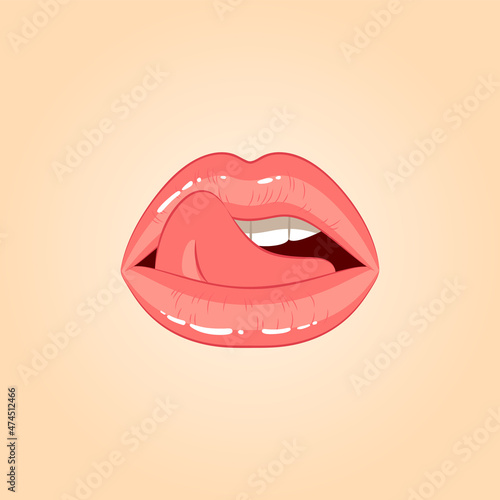 Female licking sexy pink lips, beautiful mouth with tongue and teeth, Illustration in the cartoon style
