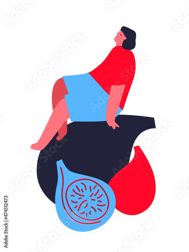 Vector illustration with young man holding huge berries and fruits. Berries lover concept. Funny colored typography poster, apparel print design, bar menu decoration. Isolated. EPS 10. 