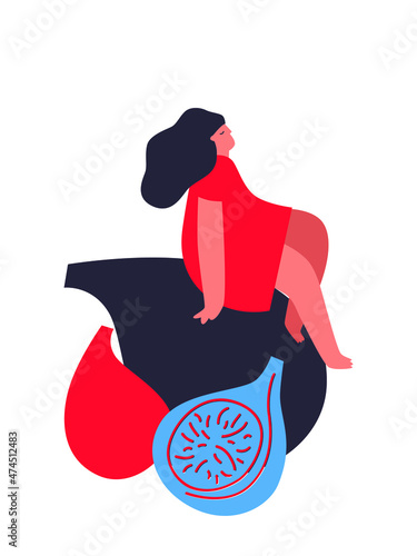 Vector illustration with young woman holding huge berries and fruits. Berries lover concept. Funny colored typography poster, apparel print design, bar menu decoration. Isolated. EPS 10. 