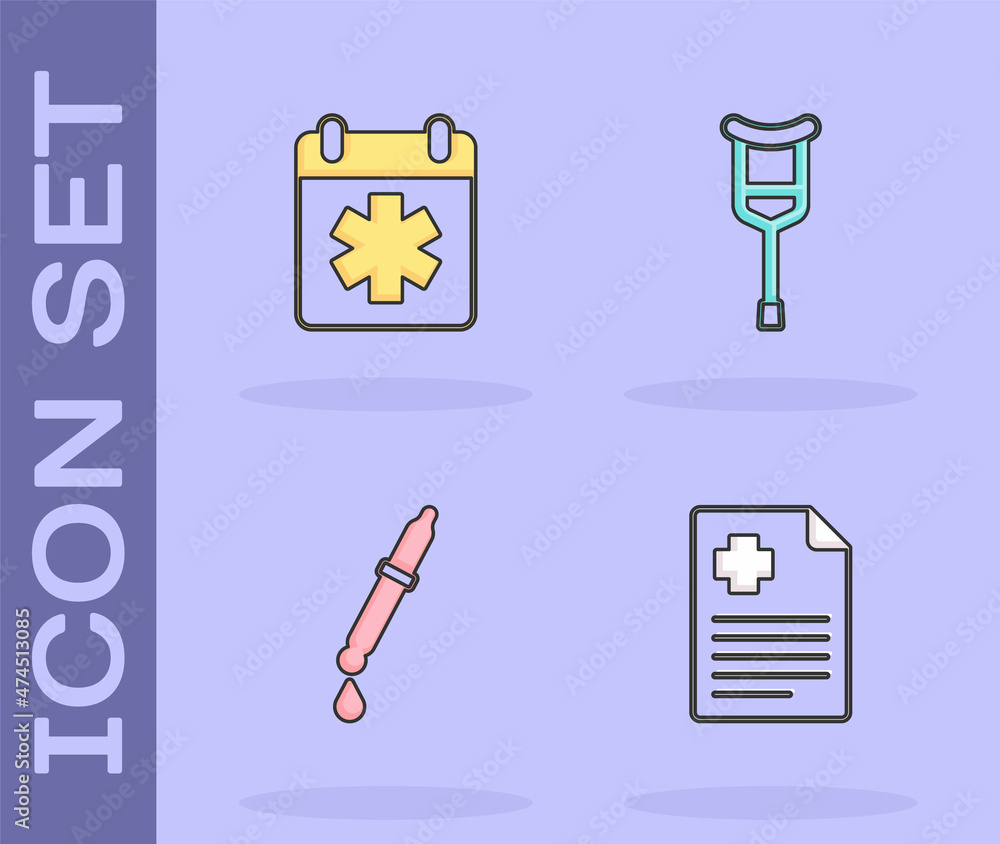 Set Patient record, Doctor appointment, Pipette and Crutch crutches icon. Vector Set Patient record, Doctor appointment, Pipette and Crutch crutches icon. Vector