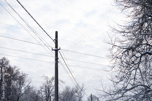 Snow-covered tree branches and electric pole with wires against blue sky with white clouds