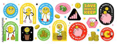 Financial sticker pack with funny cartoon abstract characters, inspirational quotes about money, finance, investment.