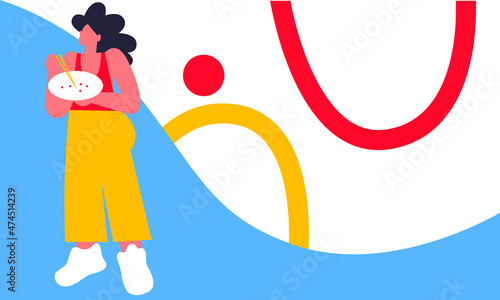 Woman having breakfast cartoon flat vector illustration. Concept for coffee break, cafe, communication and relaxation. Colorful flat vector illustration isolated on white background.