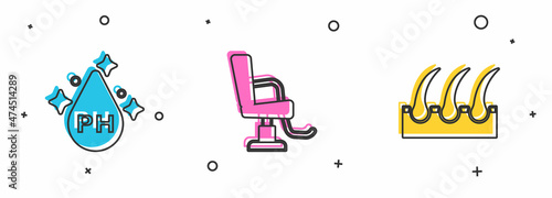 Set Oil for hair care treatment, Barbershop chair and Human follicle icon. Vector