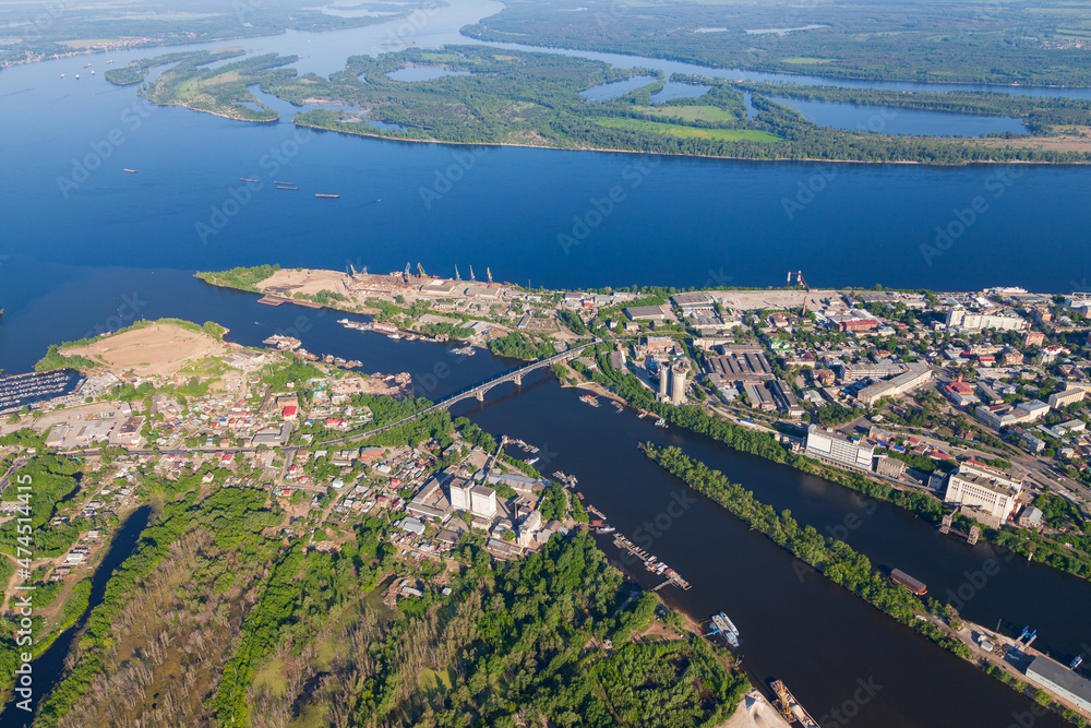 Fototapeta premium The arrow of the Volga and Samara rivers was taken from the air. The confluence of the Volga and Samara rivers. Samara, Russia.
